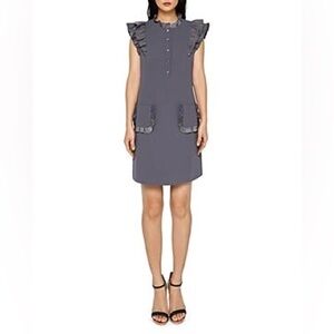 TED BAKER Mickala Ruffled crepe Tunic Dress in gray Aline shift Ted sz 2 (USA 6)